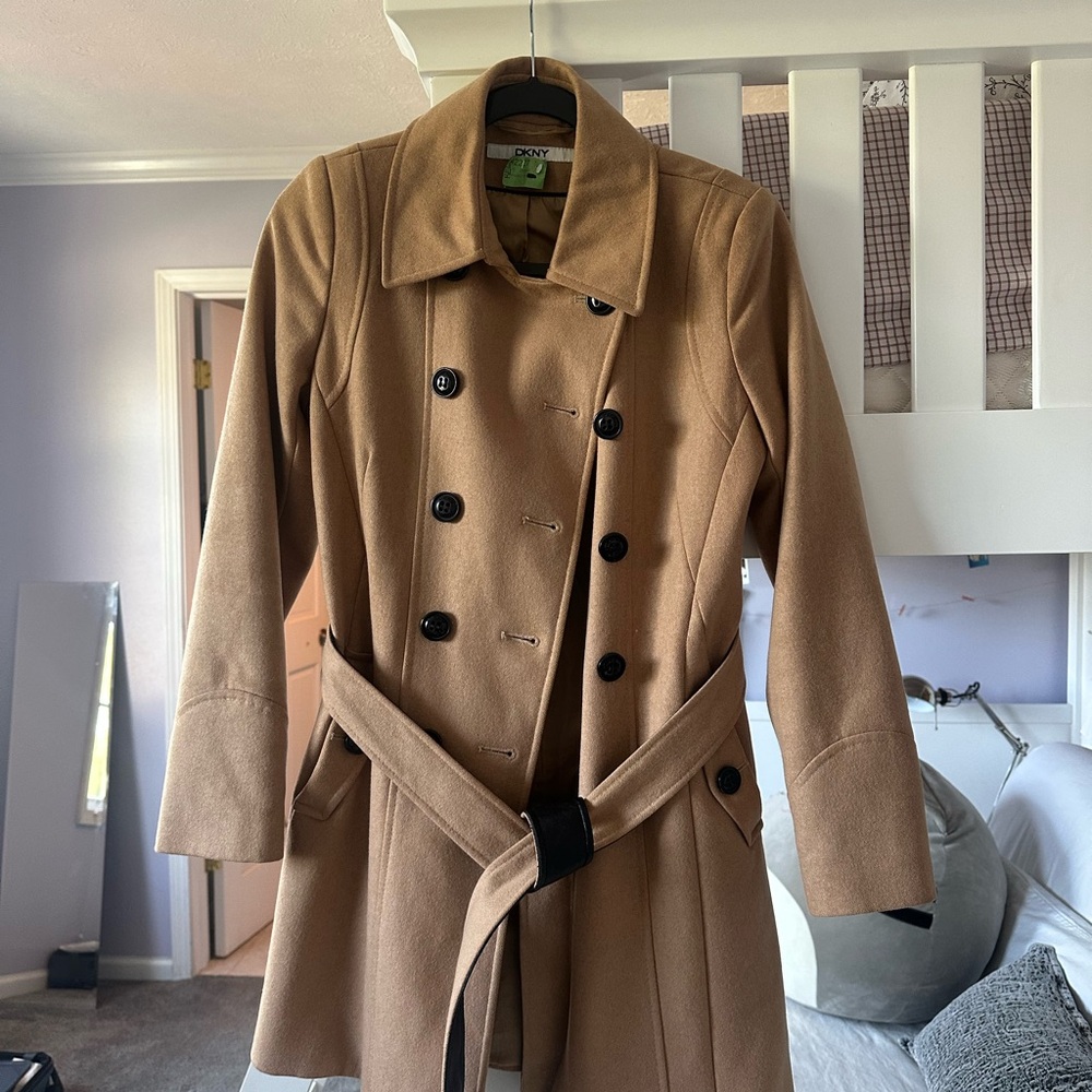 DKNY Camel Double Breasted Belted Pea Coat